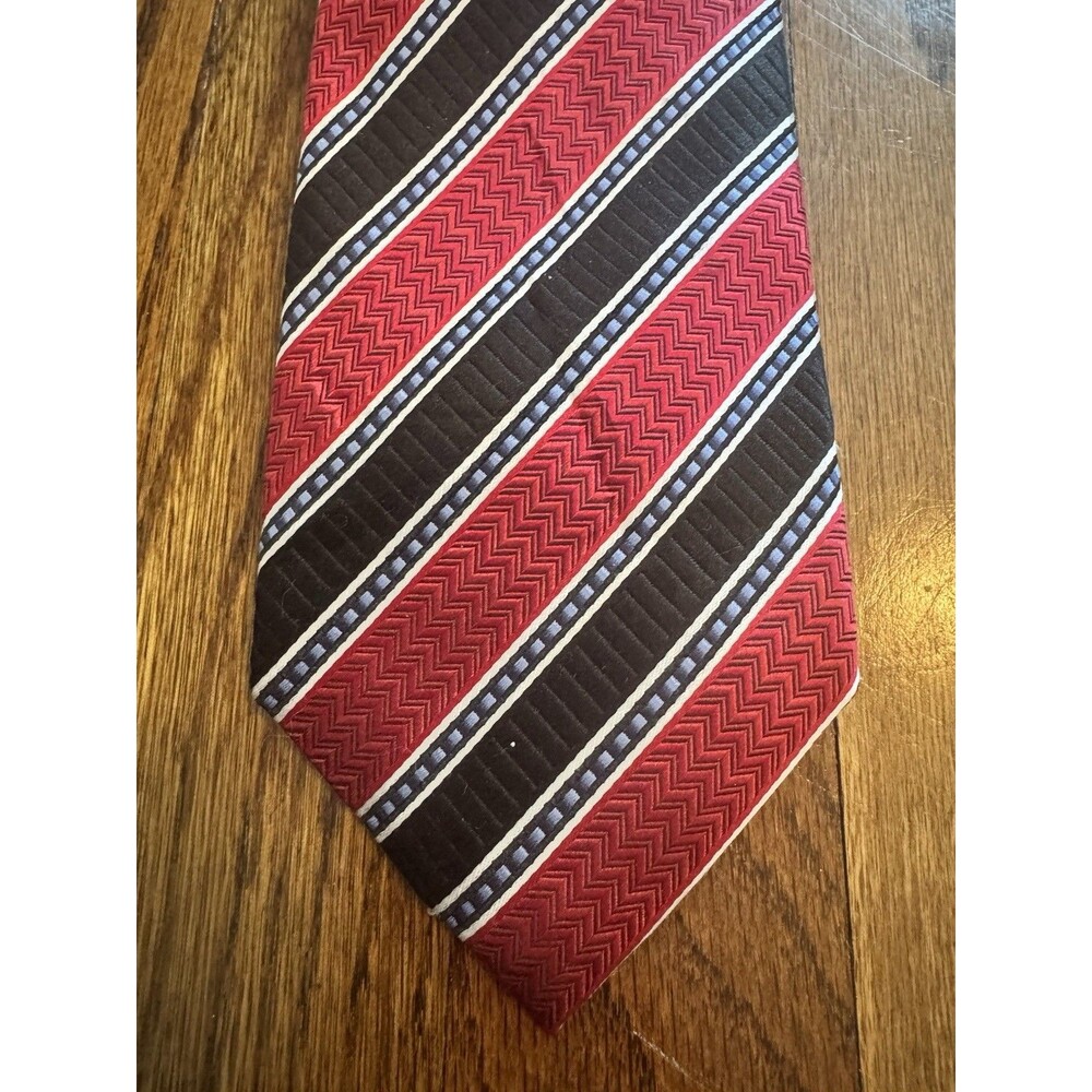 Vintage Panache Six Fold Silk Tie Mens Red Black Geometric Chevron Striped Thick